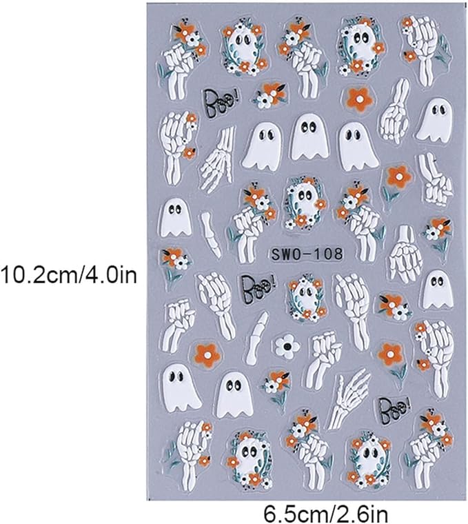 8 Sheets Halloween Nail Art Stickers Decals 3D Self-Adhesive Horror Ghost Spider Web Spider Pumpkin Hand Bone Skull Black Cat Nail Stickers Cute Halloween Nail Decals for Women