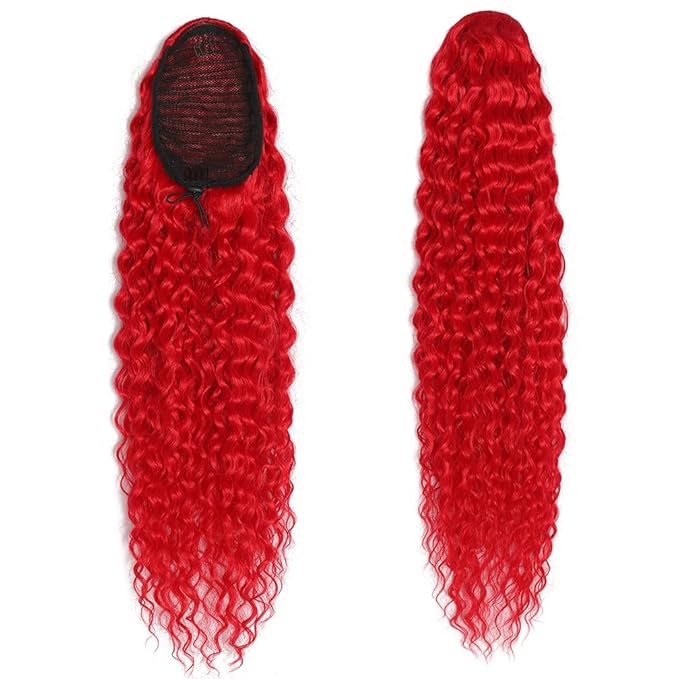 2 Pcs Deep Wave Ponytail Extension for Women 24 Inch Curly Wavy Ponytail Hair Extensions Drawstring Ponytail with Clips Long Synthetic Hairpiece for Daily and Party (Red&Orange)