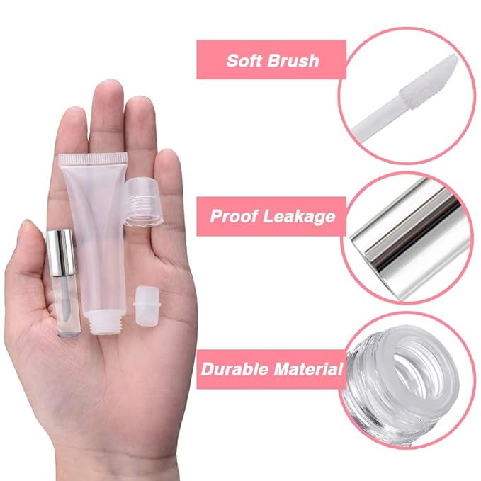 AMORIX 50PCS Mini Lip Gloss Tubes with Wand 1.2ml Empty Lip Gloss Containers Clear Refillable Travel Lip Balm Bottles for Samples with 5ml Syringes DIY Lip Gloss Base + Tag Labels(Silver)