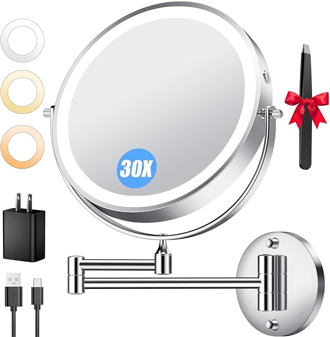 9'' 30X/1X Wall Mounted Lighted Makeup Mirror, 5000mAh Rechargeable Double-Sided Magnifying Mirror with Light, Vanity Mirror Touch Dimmable 3 Colors 360° Rotation Extended Foldable Arm, Power Adapter