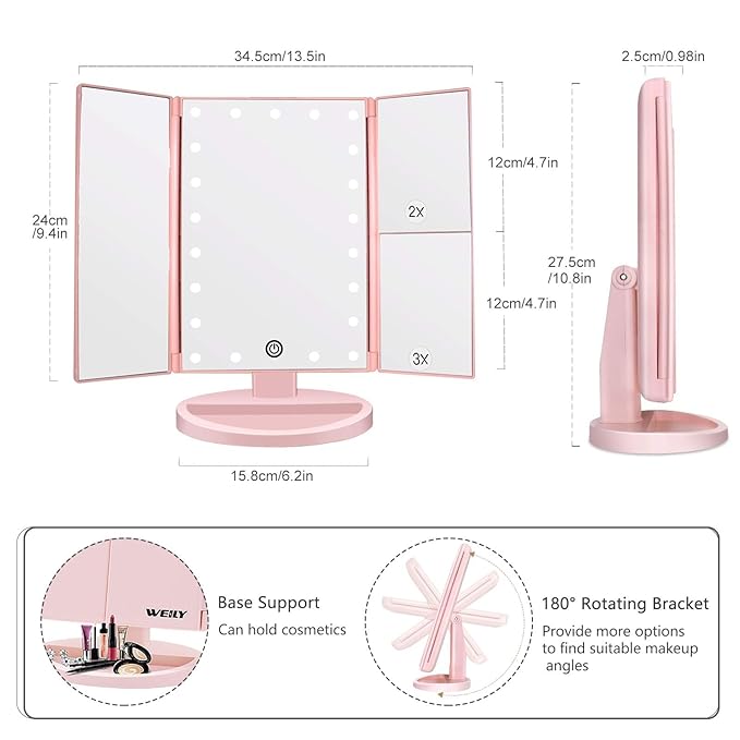 WEILY Makeup Mirror with 21 LED Lights,Two Power Supply Modes, Adjustable Touch Screen and 1x/2x/3x Magnification Tri-Fold Vanity Mirror, Chargeable Travel Cosmetic Mirror for Desktop (Pink)