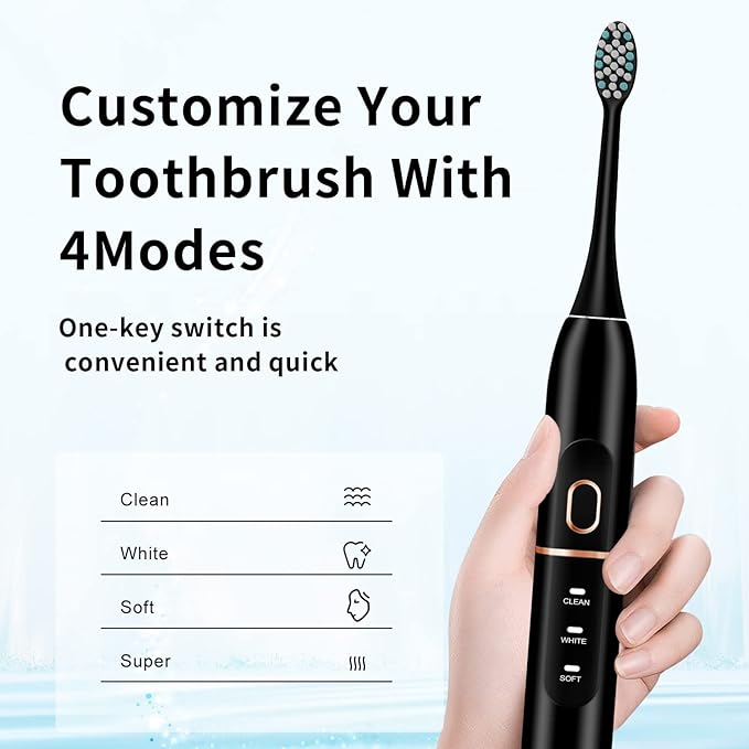 Electric Toothbrush Set, Comes with 8 Brush Heads & Travel Case,4 Modes with 2 Minutes Built in Smart Timer, One Charge for 60 Days, 42000 VPM Motor (Black)