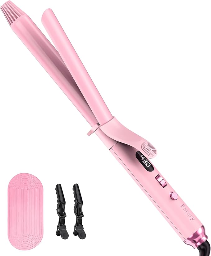 FARERY Long Barrel Curling Iron 1 Inch, Extra Long Curling Iron for Thin Hair, Infused Argan Oil & Keratin, 11 Adjustable Temp, Include Clips & Silicone Pad, Pink