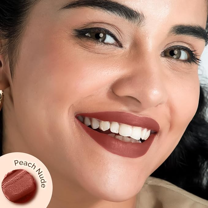 MAMAEARTH Moisture Matte Lipstick (Peach Nude) | Infused with Vitamin E | 12-Hour Long Stay & 8-Hour Moisture Lock | Cruelty-Free & Smudge-Proof | 0.07 Oz/2g