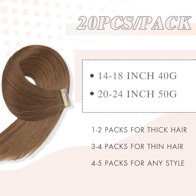 Tape in Hair Extensions Human Hair 20pcs Remy Hair Extensions 18 Inch Medium Brown Straight Invisible Human Hair Tape in Extensions Skin Weft Tape Extensions Human Hair (10#,18 Inch)