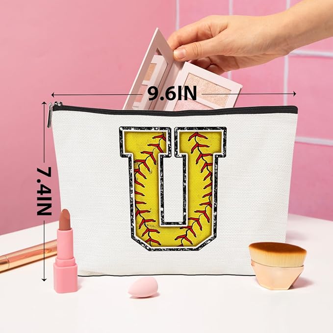 CQM Softball Gifts Initial Makeup Bag Monogrammed Cosmetic Bag Yellow Letter U Zipper Pouch Softball Accessories for Girls Women Player Coaches Friend Graduation Birthday Gifts