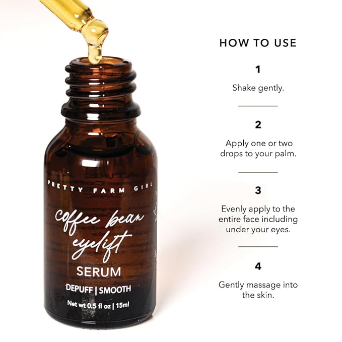 Pretty Farm Girl Coffee Bean Eye Serum – Depuffing & Smoothing Formula with Organic Extract – Lightweight Hydrating Dropper Serum for Dark Circles & All Skin Types - 0.5 oz