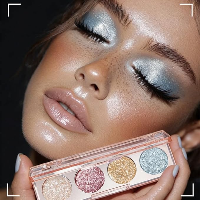 Shiny Shimmer Highlight Eyeshadow Palette, Cream Sparkling Glitter Metallic Powder Quad, Day to Night Champange Gold Silver Brown White Smoky sombras de ojos, Party Cosmetics (Weaver -Shimmer-02#)