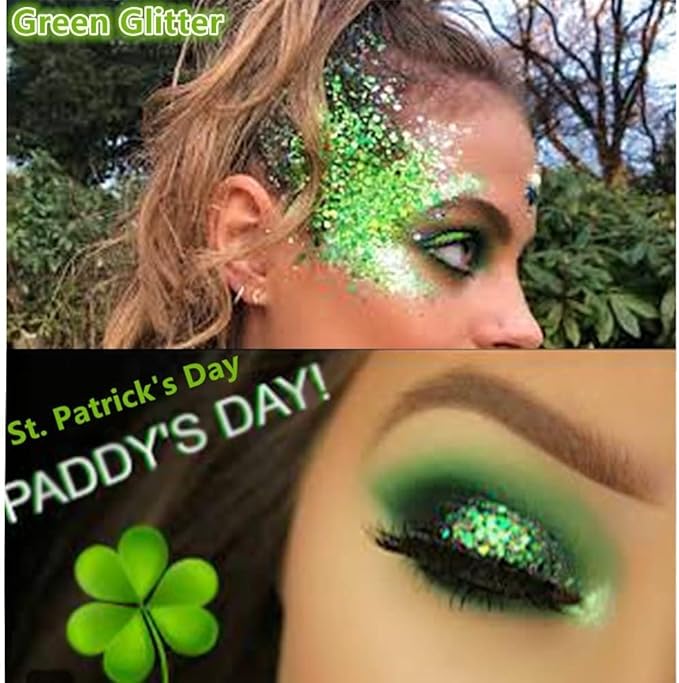 Go Ho Light Green Face Body Glitter,Sparkly Face Glitter Makeup,Light Green Face Paint Holographic Chunky Sequins Glitters for Eye Lip Hair, St Patricks Day Accessories