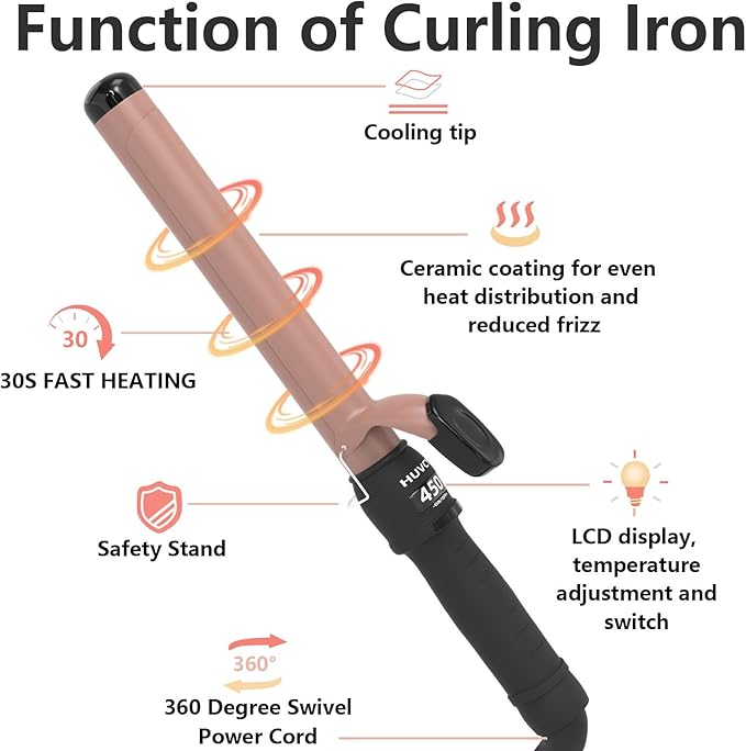 1-1/4 Inch Curling Iron - Ceramic Curling Iron, Fast Heat Function LCD Display 180°F-450°F Adjustable, Long Lasting Beach Waves, Dual Voltage Curler, Heat Resistant, Rose Gold