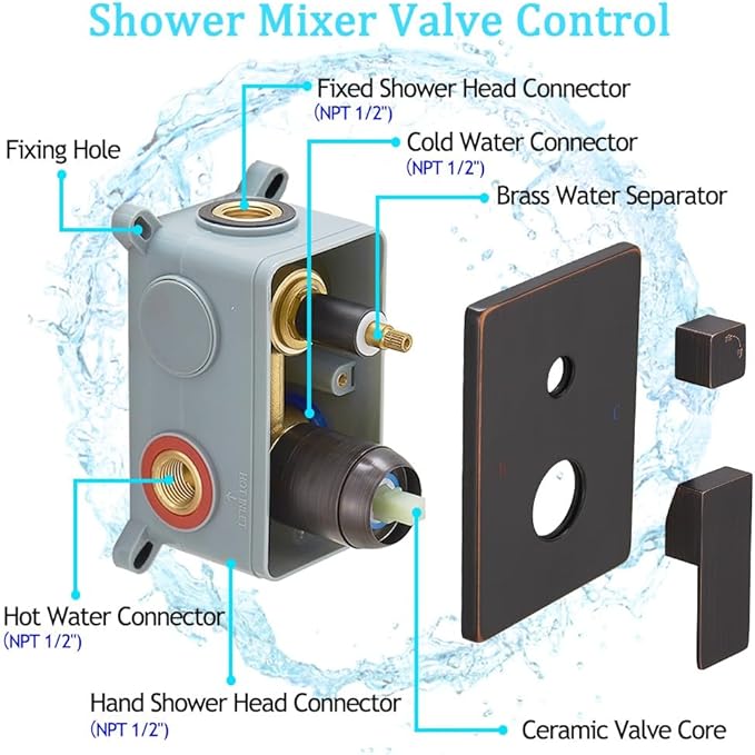 annazom Oil Rubbed Bronze rain Shower Faucet Set Shower System 8 Inches Square Shower Head with Handheld, Waterfall Showerhead, All Metal Shower Faucet Trim Repair Kits (Contain Shower Valve)
