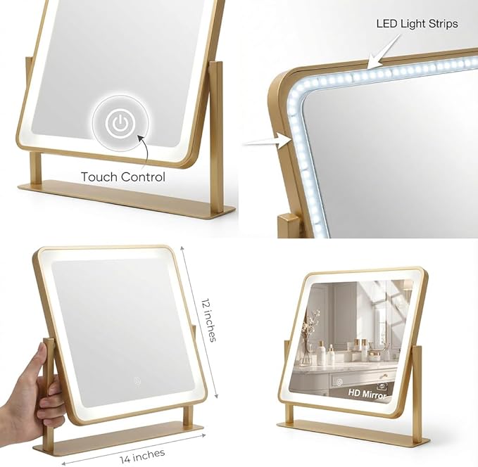 Vanity Mirror with Lights, 14"×12" Makeup Mirror with Lights, LED Makeup Mirror, Brightness Adjustable, Smart Touch with 3 Color Lighting Modes, for Bedroom Tabletop - Gold