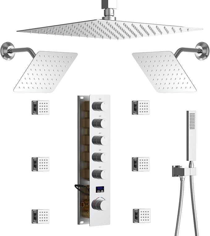 WHSHOWER Triple Shower Head Shower System Chrome Full Body Shower System with Digital Display Shower Valve, 12"+8"+8" Three Top Shower Heads,Handheld Shower and Body Jets