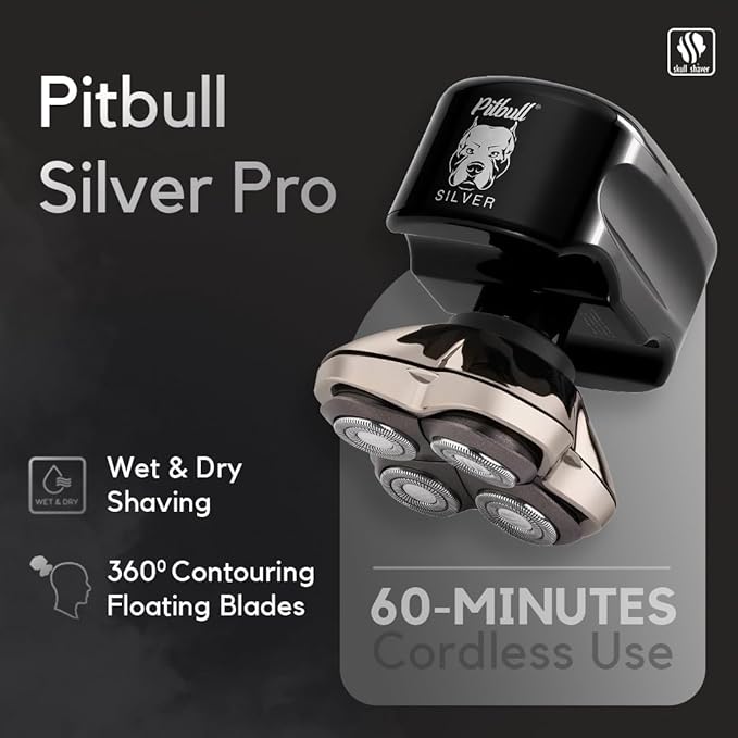 Skull Shaver Pitbull Silver PRO Head & Face Shaver - Premium Cordless Electric Shaver for Wet & Dry Shaving - Ergonomic & Easy-to-Clean Design - Includes Travel Pouch