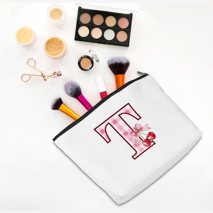 CQM Initial Makeup Bag Monogram Cosmetic Bag Monogrammed Gifts for Women Girls Friends Coworker Auntie Personalized Travel Toiletry Bag Christmas Bridal Shower Wedding Bridesmaid Gifts, Cherry T