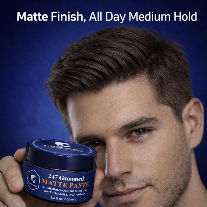247 Groomed Matte Pomade For Men and Women | All-Day Medium Hold, Low Shine Finish For All Hair Types | Thickening Paste Adds Volume & Texture | Beeswax Based
