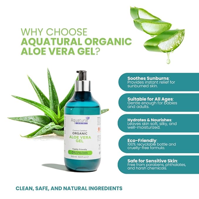 Aquatural Organic Aloe Vera Liquid for Face & Body - Aloevera for Sunburn, Dry Skin - Paraben Free & Dye Free - Natural Moisturizer for Babies & Adults - Moisturizing Aloe Liquid (16.9 fl oz)