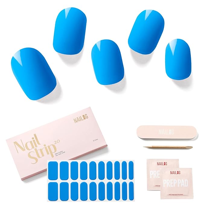NAILOG Semi Cured Gel Nail Strips (20 Extra Long Stickers/Wraps) | Glossy & Long Lasting Soft Gel Finishing | Butterfly Blue