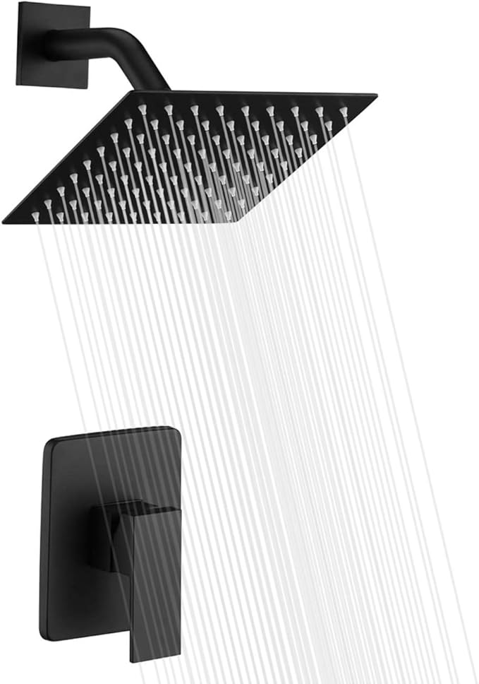 SUMERAIN Bathroom Matte Black Shower Faucet Set 8 Inch Rain shower Head Single Handle Shower Trim Kit with Rough-in Valve