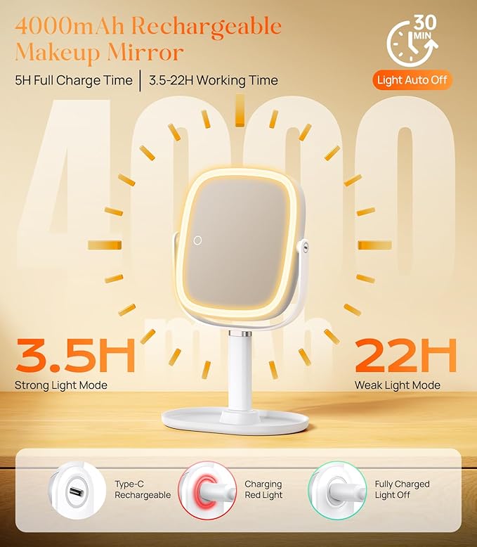 Gospire Lighted Makeup Mirror with Lights and Magnification 1X/10X, Tray Base and Height Adjustable for Desk, 4000mAh Rechargeable Battery, 3 Color Lights＆Memory Function for Bedroom - White
