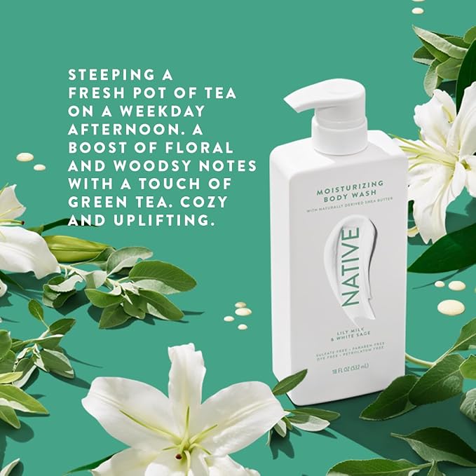 Native Moisturizing Body Wash Contains Naturally Derived Ingredients | For Women & Men, Sulfate, Paraben, & Dye Free Leaving Skin Soft and Hydrated | Lily Milk & White Sage 18 oz