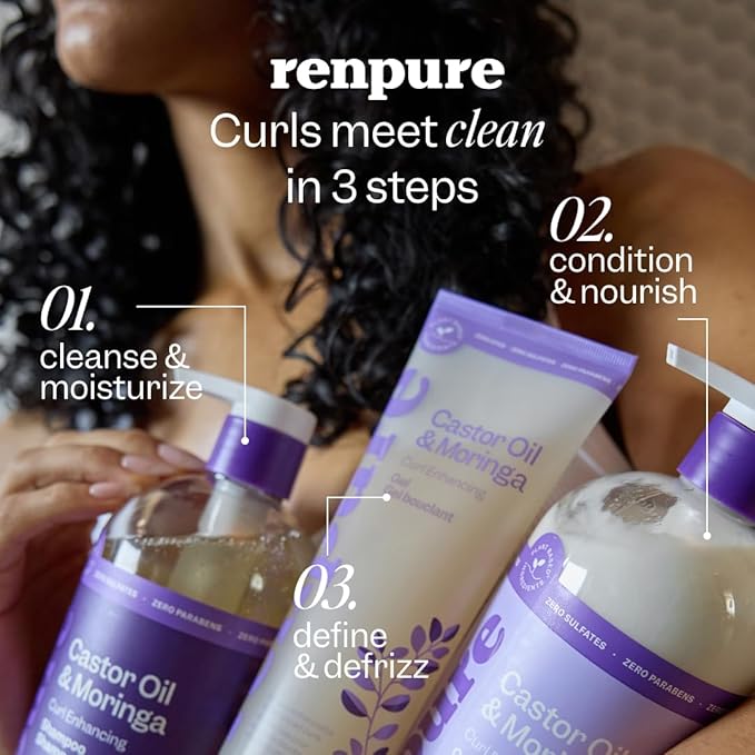 Renpure Castor Oil & Moringa Shampoo and Conditioner Set, Plant-Based*, Curl Enhancing, Moisturized, Manageable & Frizz-Free Curls -Castor & Moringa Seed Oil - Wavy to Curly Hair-24 Fl Oz each, 2 Pack