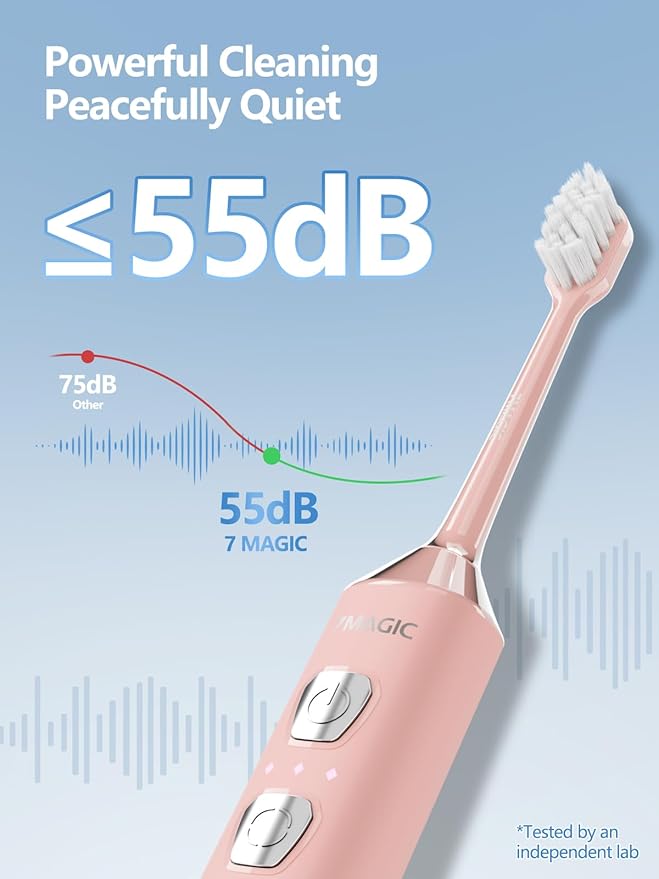 7MAGIC Sonic Electric Toothbrush for Adults and Kids - Up to 180 Days Runtime, 42000 VPM Powered Toothbrush, 5 Modes & 3 Intensities for Sensitive Teeth & Braces, Includes 8 Brush Heads, Pink