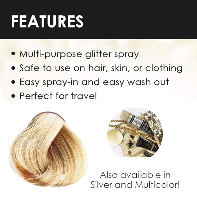Jerome Russell Temporary Hair and Body Glitter Color Spray, Travel Spray, Lightweight, Adds Sparkly Shimmery Glow, Perfect to use On Hair, Skin, or Clothing, 2.2 oz - Glitter GOLD x 3 Pack