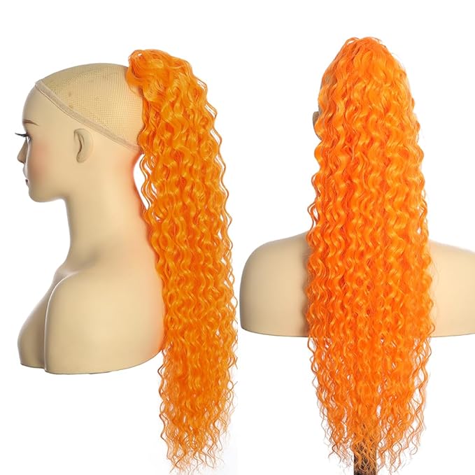 2 Pcs Deep Wave Ponytail Extension for Women 24 Inch Curly Wavy Ponytail Hair Extensions Drawstring Ponytail with Clips Long Synthetic Hairpiece for Daily and Party (Red&Orange)