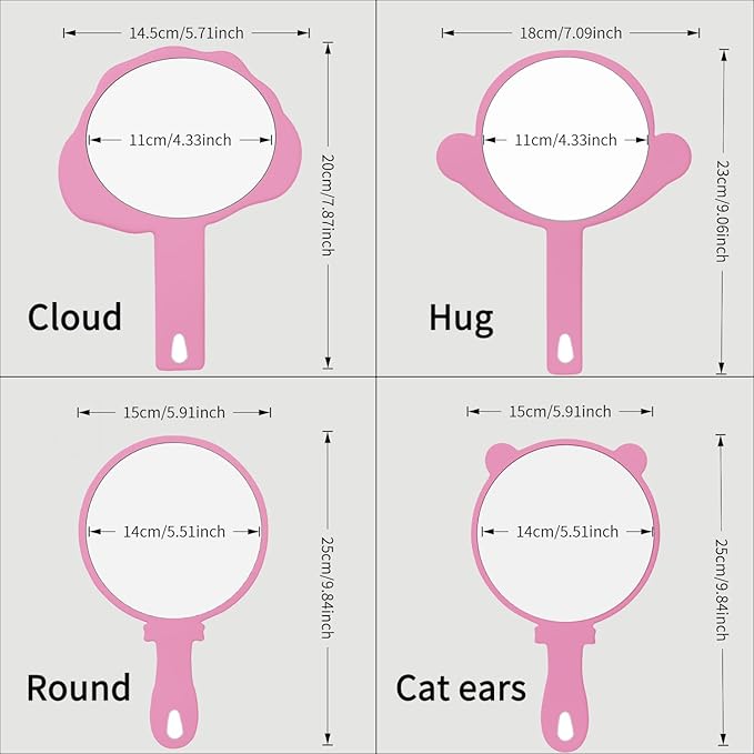 Hand Mirror, 2 Pcs Big + Small Compact Hand Mirrors with Handle, Salon Hairdressing Bathroom Barber & Makeup, Travel, Pocket-Sized Mirror, Hanging, Handheld Mirror (Pink, 7.09" Lx 9.06" W)