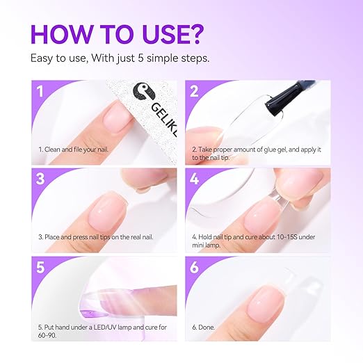 gelike ec 6 in 1 Nail Glue Gel: 2 Pcs Gel Nail Polish for Press on Nails - Nail Glue Strong Easy and Long Last for False Acrylic Tip - Base Coat for Salon Home Polish