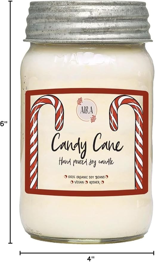 Aira Soy Christmas Candles - Organic, Kosher, Vegan, in Mason Jar w/Essential Oil Blends - Hand-Poured 100% Soy Candle Wax - Paraffin Free, Burns 110+ Hours - Peppermint Candy Cane - 16 Ounces
