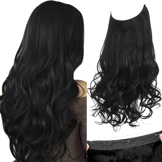 SARLA Black Invisible Wire Hair Extensions Wavy Curly Synthetic Hairpiece Adjustable Headband Long 16 Inch for Women No Clip