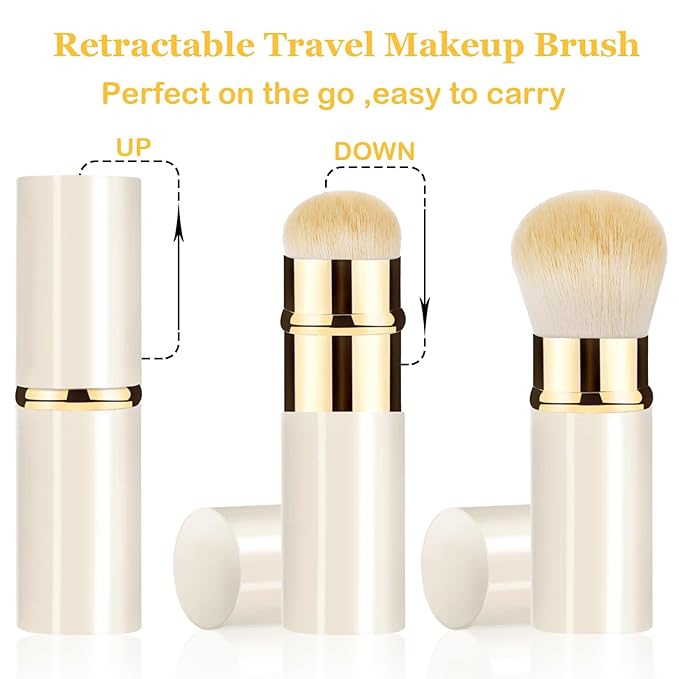 Keriloo Makeup Brush, Retractable 2 Pack Travel Kabuki Powder Makeup Brush, Foundation Face Blush Brushes for Blending Liquid, Blush, Bronzer, Buffing, Sunscreen,Flawless Cosmetics