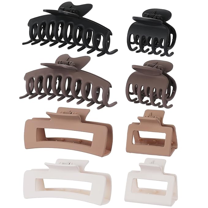 8 Pcs Large, Medium and Small Hair Accessories for Women and Girls - Thick and Thin Hair Clips in 4 Styles: Claw, Rectangle, Square, Butterfly (Brown)