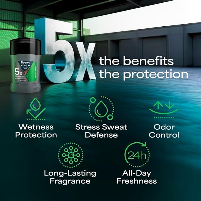 Degree Clinical Strength Antiperspirant Deodorant for Men 96-Hour Sweat and Odor Protection Intense Fresh Invisible Solid 5x Types of Sweat