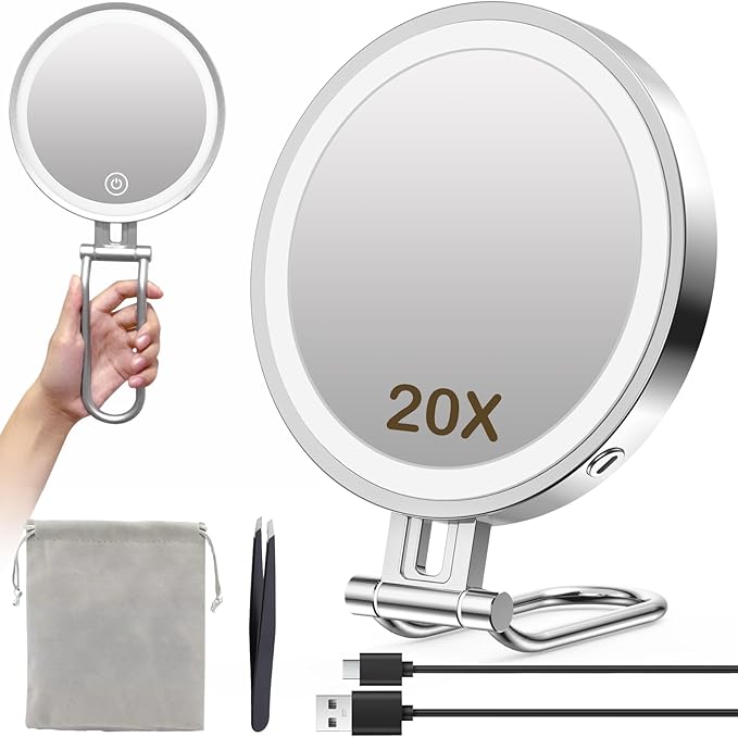 Travel Makeup Mirror with Lights,3000mAh Rechargeable 1X/20X Magnifying Mirror with Light, 7" Portable Lighted Beauty Mirror, Make Up Mirrors with 3 Light Colors, Dimmable Tabletop Handhold Hanging