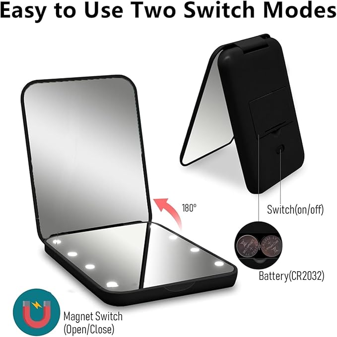 Flymiro Compact Mirror, 1x/3x Magnification Mini Mirror for Purse, Pocket, Handheld, Stocking Stuffers, Travel Makeup, 2-Sided Foldable, Small Mirror with Led Lights