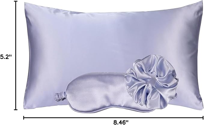 KISMETICS - Vegan Silk Sleep Set, Vegan Silk Pillowcase with Large Scrunchie and Eye Mask for Hair and Skin, Self Care Essential Satin Night Routine Kit (Purple Color)
