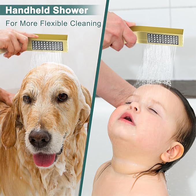 Shower Faucet Set Brushed Gold Shower System, Starbath 12" Rain Shower Head and Handheld Spray Shower Set Complete Wall Mounted,2 Way Pressure Balance Shower Valve and Trim Kit Included