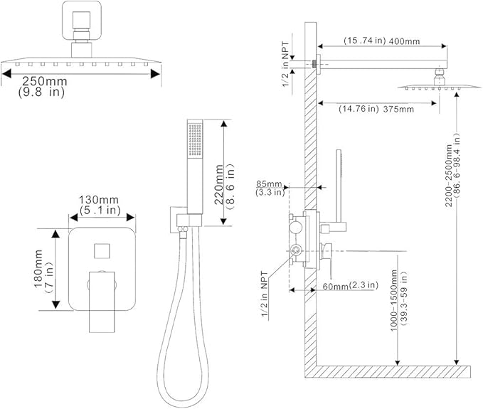 Matte Black Shower System YCAIKOI Wall Mount Shower Faucet Set for Bathroom 10 Inch High Pressure Luxury Shower Head with Handheld, Rough-in Valve Body and Trim Included