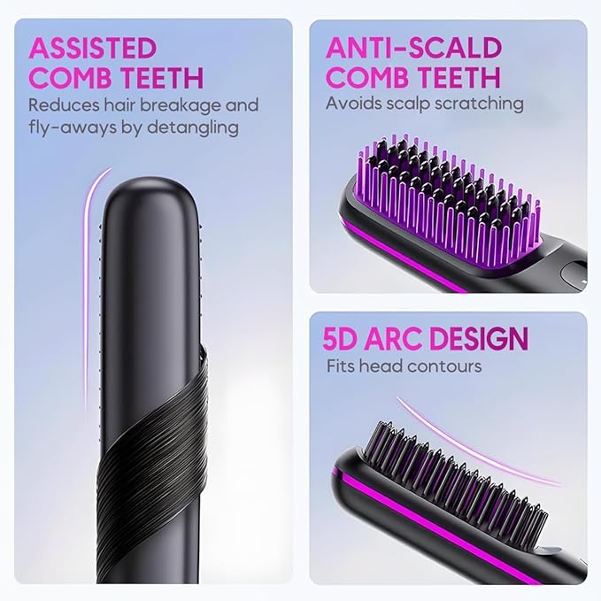 Go Brush Pro - Cordless Hair Straightener, USB Charging, Fast Heating, with LCD Display, Brush Portable Comb for Travel for All Hair Types