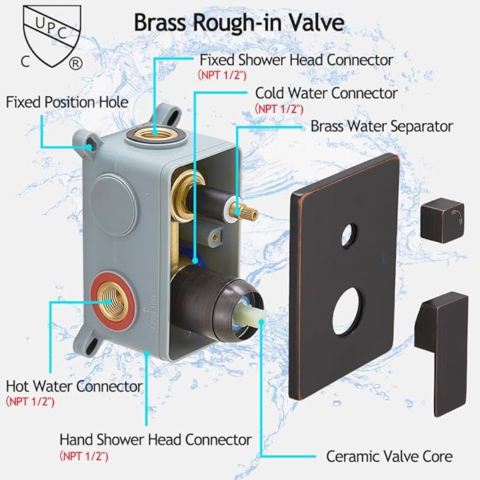 YCAIKOI Oil Rubbed Bronze Shower System, 8 Inch High Pressure Rain Shower with Handheld, Wall Mount Shower Faucet Set for Bathroom, Rough-in Valve Body and Trim Included