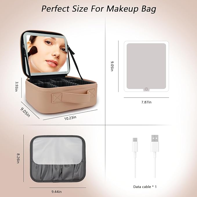 SLUMAZI Travel Makeup Bag with LED Mirror Travel Makeup Organizer with 3 Lighted Settings, Adjustable Dividers and Makeup Brush Storage Bag Khaki
