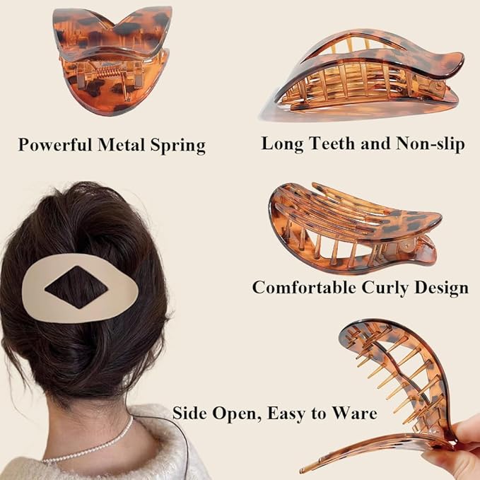 8PCS Flat Hair Clips for Women Girls,Large Strong Hold Ladies Hair Claw Clamp Barrettes for Lying Down Styling Accessories, Elegant 3.94" Medium Matte Neutral Leopard Color(Rhombus)