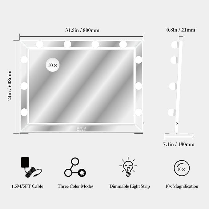 BEAUTME Large Hollywood Vanity Mirror with 10 pcs Dimmer Bulbs, 3 Lighting Modes, Smart Touch Control, Tabletop Mirror/Wall Mounted LED Mirror Home Decor for Bedroom, 31.5×24 inch