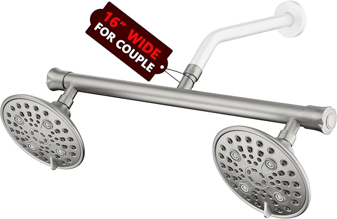 sumerain Dual Shower Head Combo Set for Couples,Brushed Nickel High Pressure 6 Spray Settings Showerhead,20 Inch Long Shower Arm
