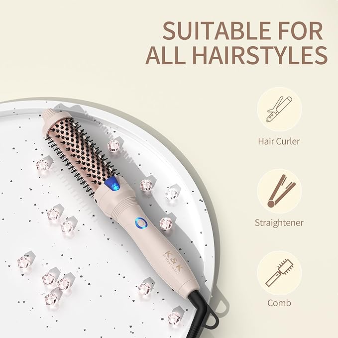 K&K 1.25 inch Volumizing Brush Heated Curling Ceramic Tourmaline Ionic Curling Iron Quick Heating Makes Hair Silky Smooth Dual Voltage Travel-Friendly Straightening Round Design (Pale pink, 1.25 Inch)