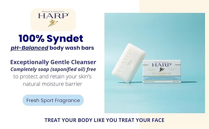 HARP® Fresh Sport Body Wash Bar – pH Balanced (5.0–6.0) Syndet Cleanser, Soap-Free & No Lye, Non-Comedogenic, Gentle for Sensitive & Dry Skin, With Shea Butter & Borage Oil. 3-5oz Bars.
