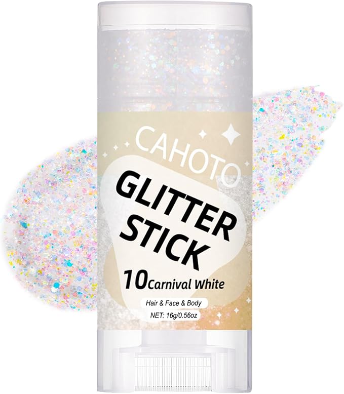 Carnival White Face Body Hair Glitter Stick, Shimmer Stick Gel for Women, Sparkling Holographic Chunky Sequins for Mardi Gras Halloween Party Rave Festival Concert Outfit, 0.56oz